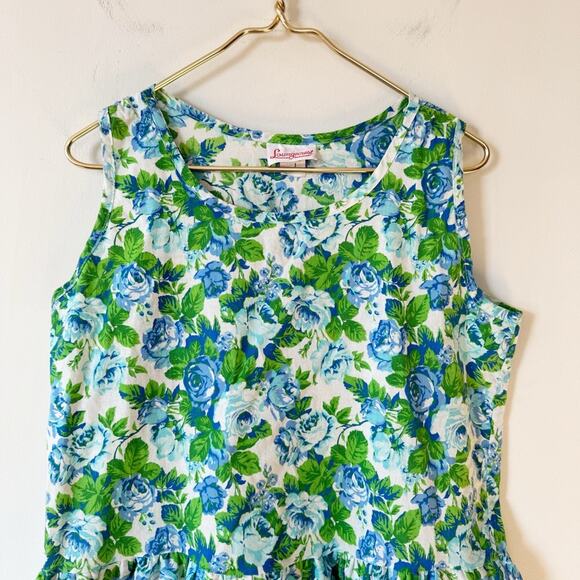 Loungecrest Vintage Blue Floral Rose Drop Waist Tiered Ruffle Cotton Dress L - Picture 2 of 8